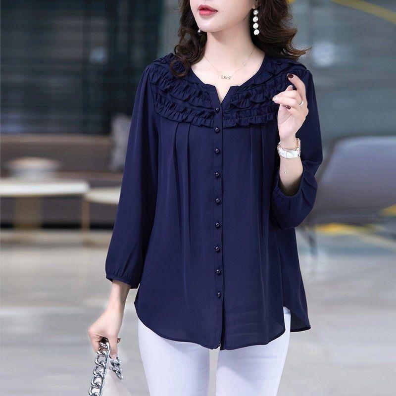 Camisa Coreana de Color Sólido con Pliegues Elegantes Primavera Otoño Manga Nueve Cuartos Ropa Femenina Cuello O Para Ir al Trabajo Blusa de Botonadura Sencilla
