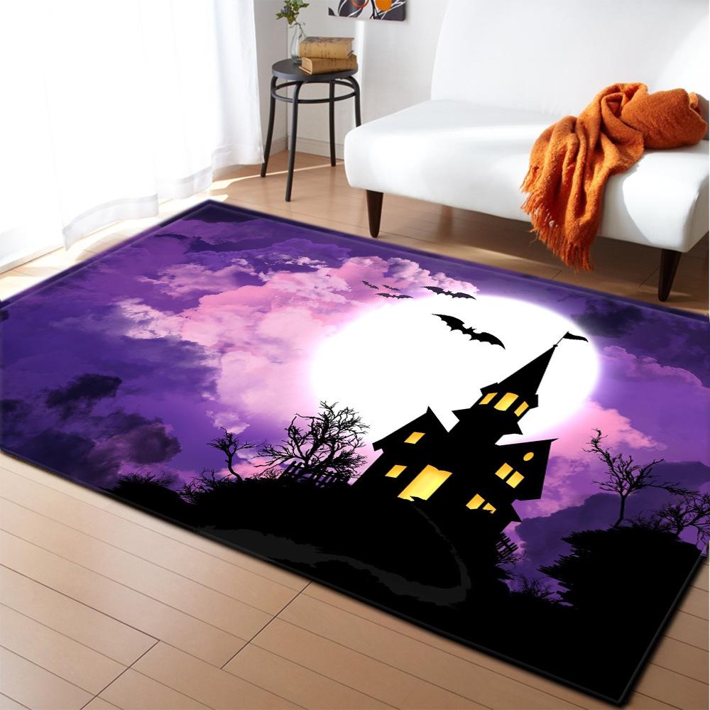 Halloween Cartoon Carpet Rug Mat – Living Room Bedroom Sofa Coffee Table Spooky Pumpkin Bat Castle Ghost Pattern Home Decoration