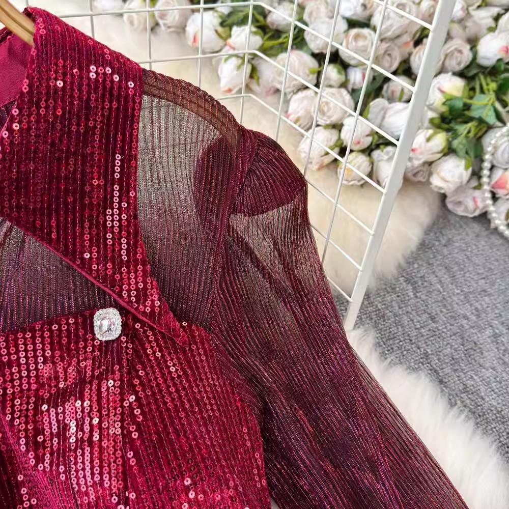 New Autumn Retro Sequins Lapel Pencil Dress Women Clothes Elegant Lady Sheer Sexy Long Sleeve Slim Short Party Birthday Vestidos