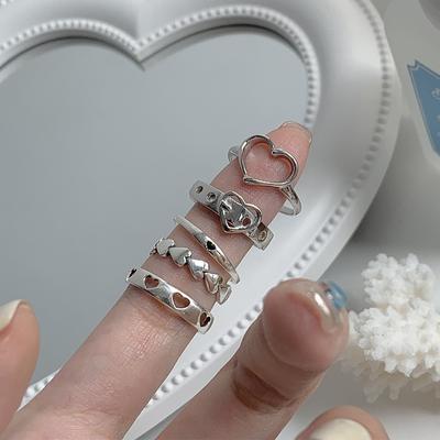 5 SZTUK Elegancki Vintage Srebrny Regulowany Kobiety Palec Śliczna Miłość Biżuteria Wedding Party Prezent dla Dziewczyny Moda Hollow Serce Zestaw Pierścionków