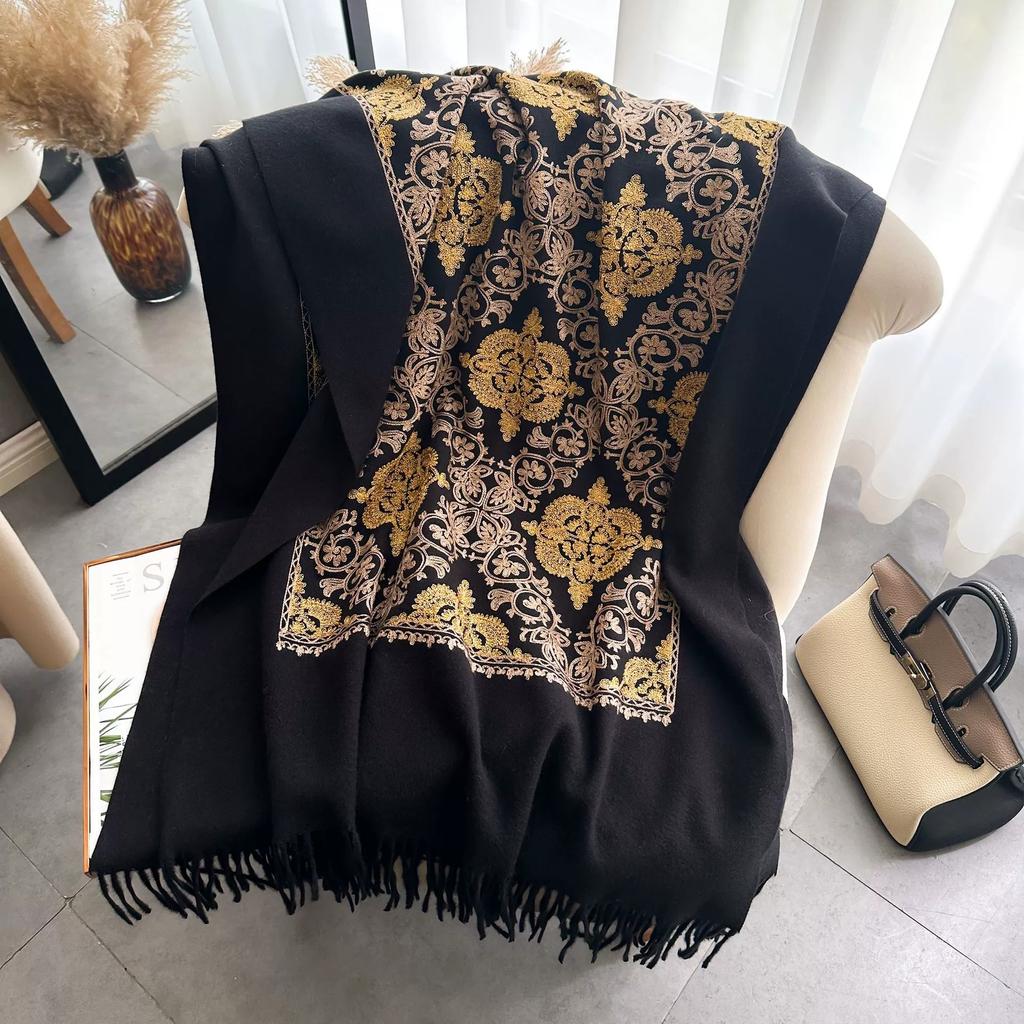 Winter Ethnic Style Totem Artistic Scarf Retro Elegant Faux Cashmere Embroidered Women'S Warm Scarf Air Conditioner Shawls
