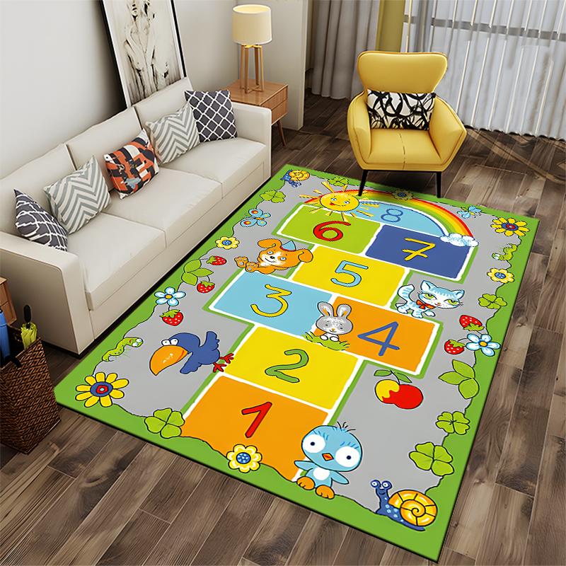 Colorful Hopscotch with Cute Animals Design Non-slip rug suitable for living room and bedroom sofas.