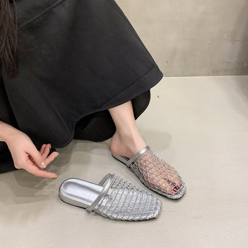 Crochet Net Mule Slippers Woman Mesh Flat Sandals Ladies Summer Elegant Hollow Out Fishnet Shoes