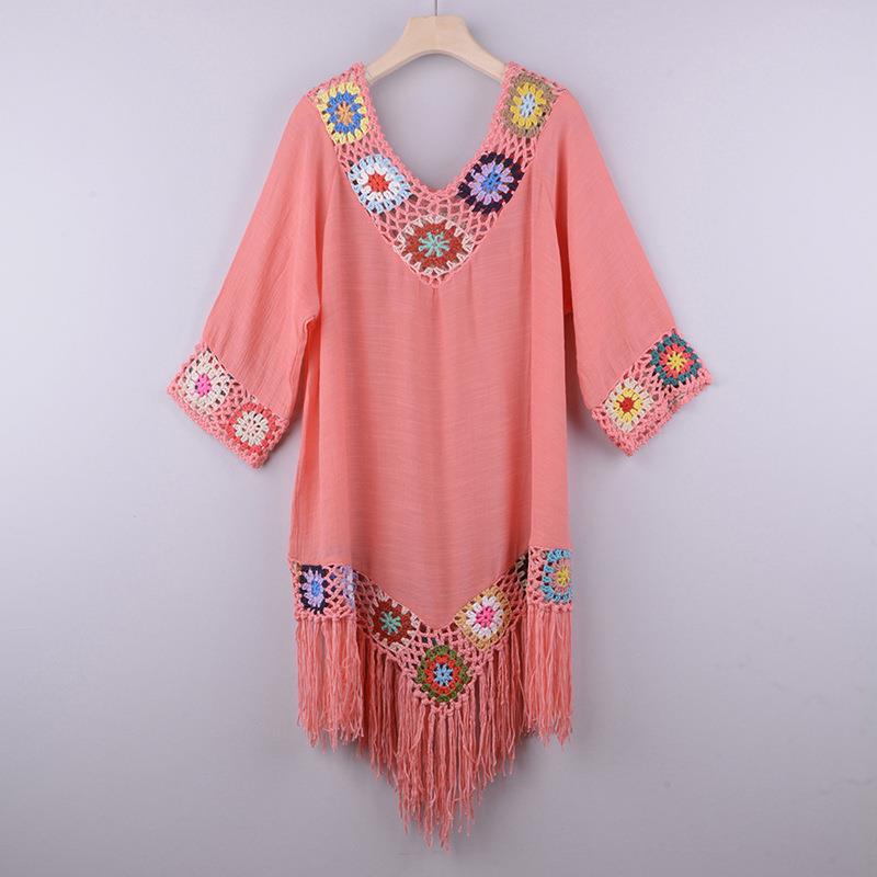 Off-the-shoulder Three-quarter Sleeve Hook Flower Stitching Irregular Tassel Beach Sun-proof Blouse Ethnic Style Dress