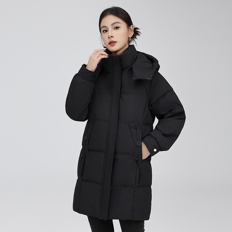Brand down jacket women's winter new medium and long hooded warm thickened loose and thin solid color coat