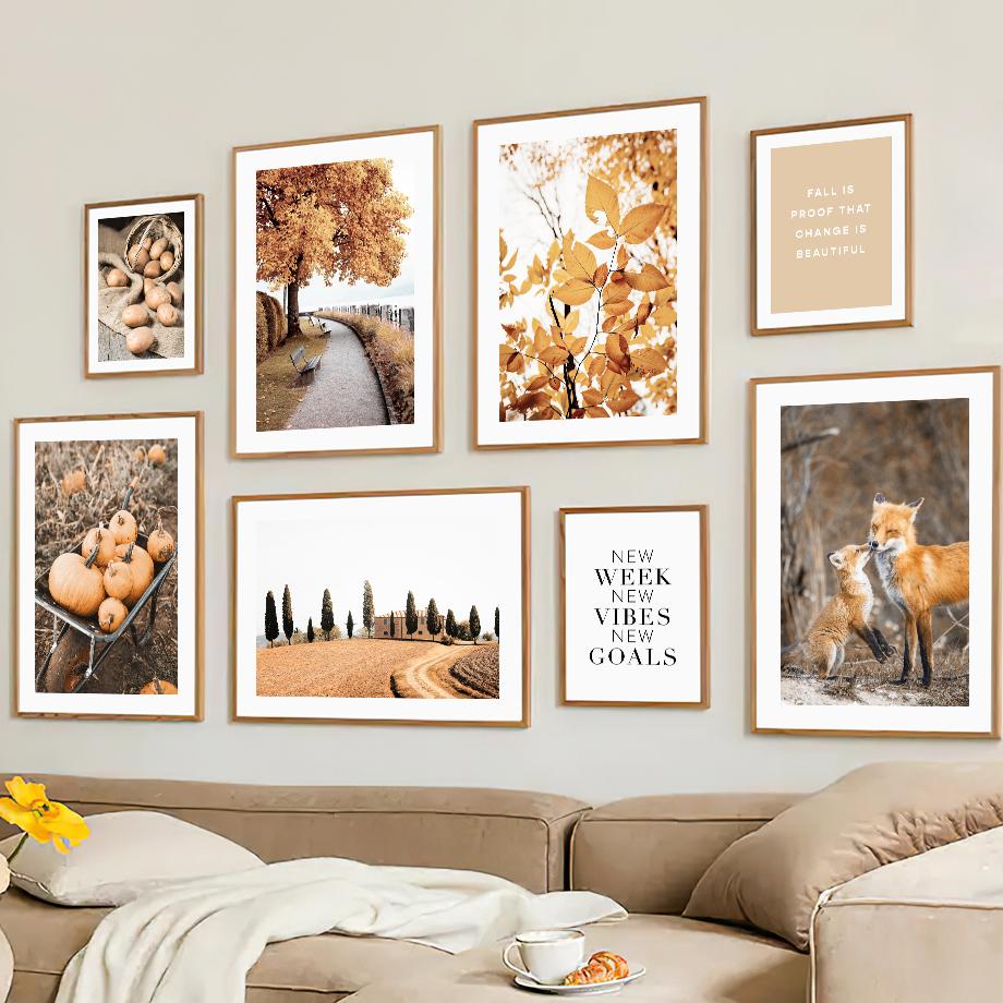 Autumn Decoration Canvas Poster Yellow Tree Leaves Fall View Wall Art Print Pumpkin Painting Fox Picture Living Room Home Decor