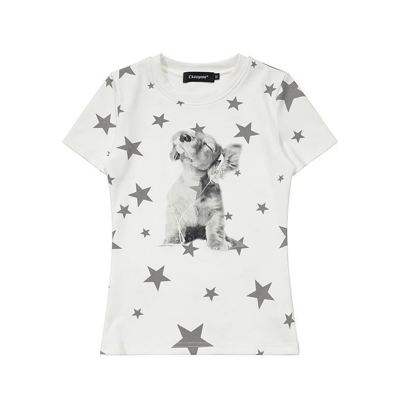American retro shoulder star puppy short-sleeved T-shirt women s summer new hot girl slim-fit slim top S белый