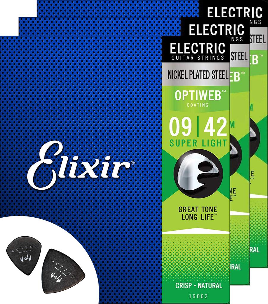 Elixir Super Light Optiweb Coated Electric Guitar Strings with Musent Pick Set 009-042 (3-Pack) (Trial 19002-3P)