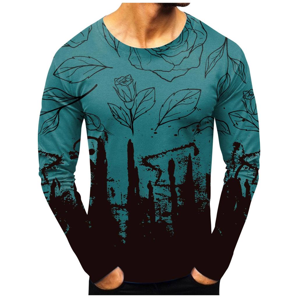 Men's Fashion Casual Printed Long Sleeve O-Neck Shirts Tops Blouse