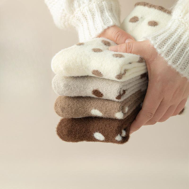 Polka Dot Socks for Women's Autumn and Winter Mid-calf Socks, Fleece Thickened Warm Long Socks, Fleece Sleeping Floor Socks