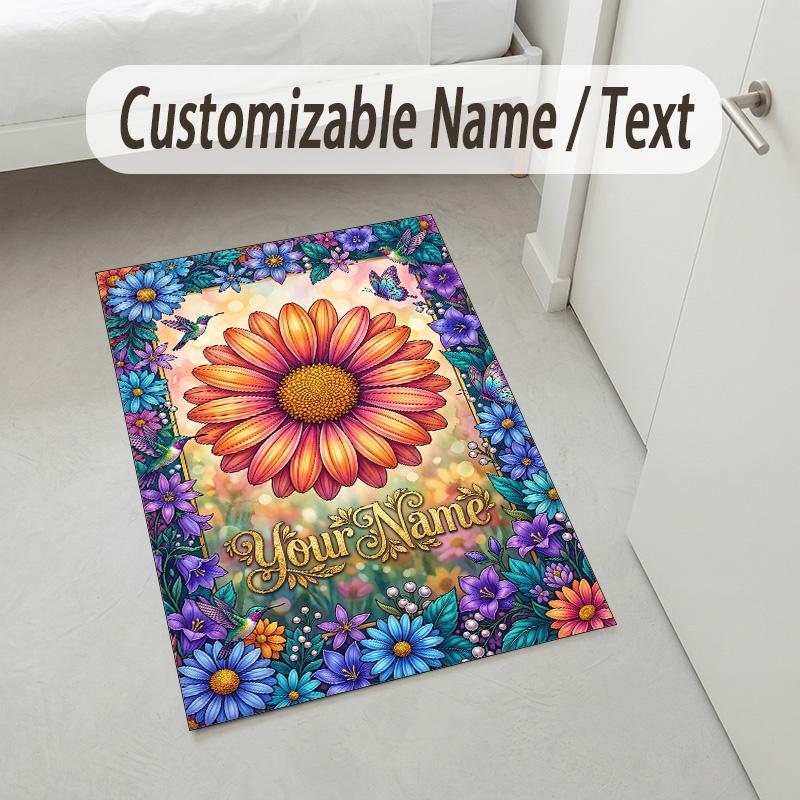 Floral Fantasy Garden Theme Soft Crystal Velvet Rug Custom Name & Text Print Non Slip Floor Rug for Bedroom Living Room