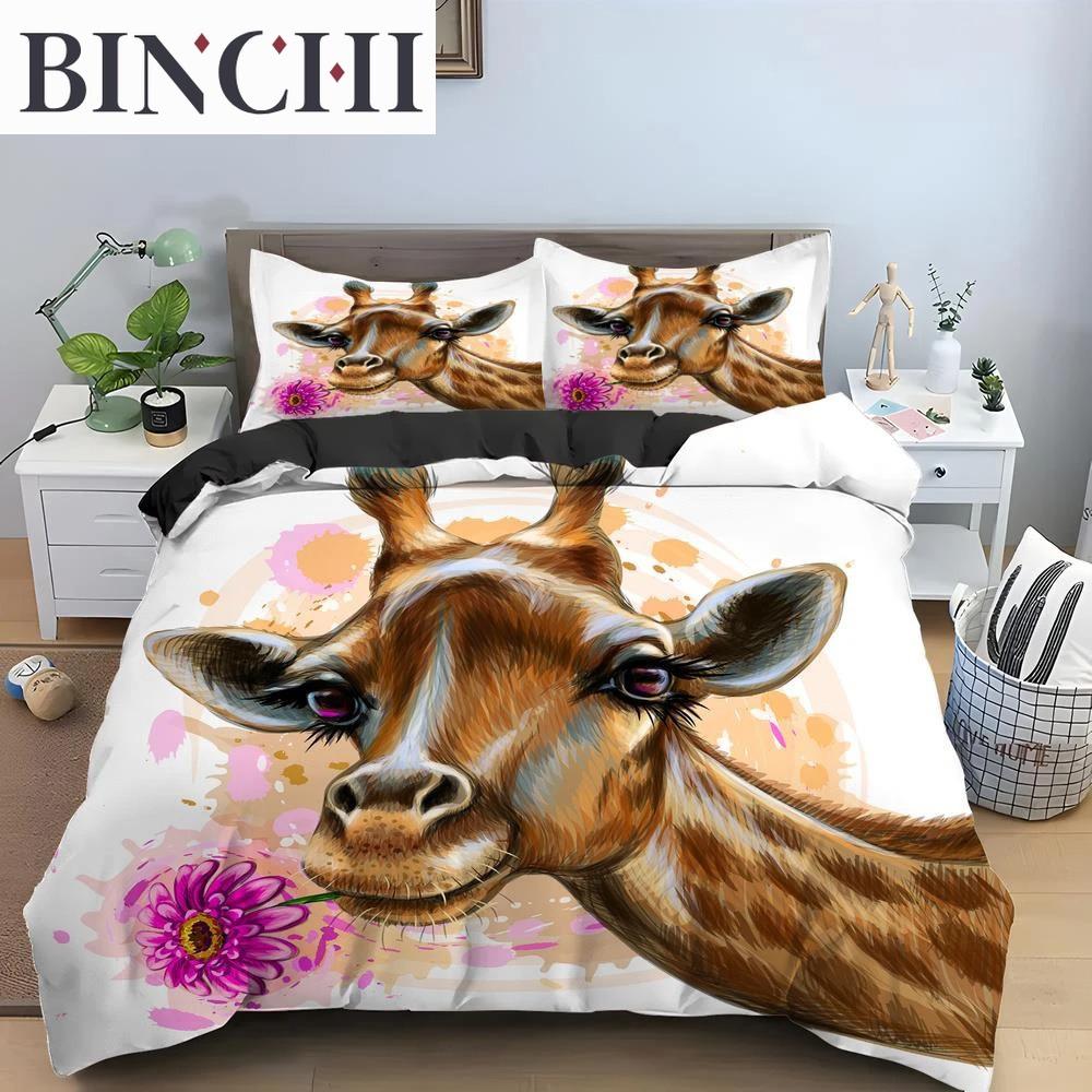 Cartoon Giraffe König Königin Bettbezug Jungen Mädchen Tier Bettwäsche Set Wildtiere Deckenbezug Polyester Bettdecke