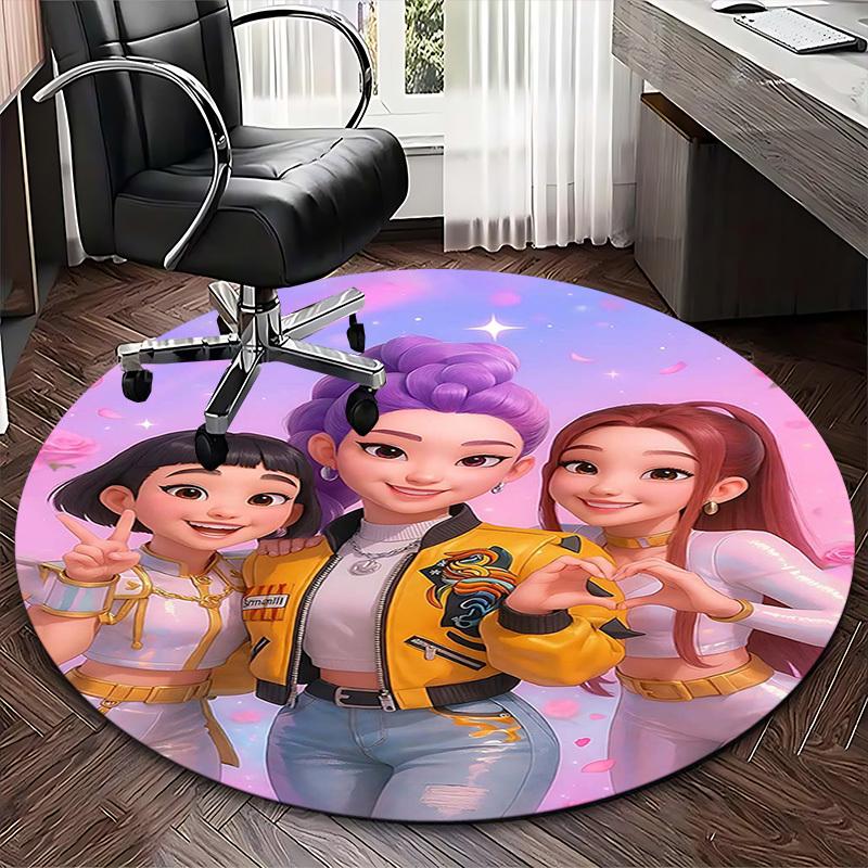 1pc Anime Design Round Carpet - Office Chair Mat with Heart-Shaped Hand Gesture and Floral Print, Suitable for Home Decor, Gaming Room