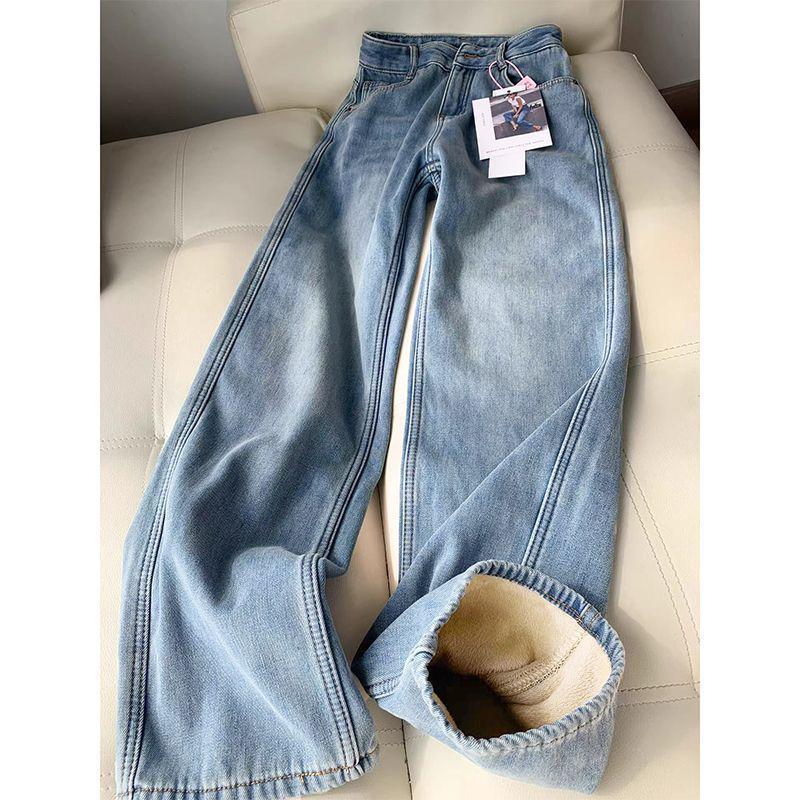 Women s Warm Velvet-Lined High-Waist Wide-Leg Jeans - Slimming, Versatile, American Style for Autumn/Winter. S