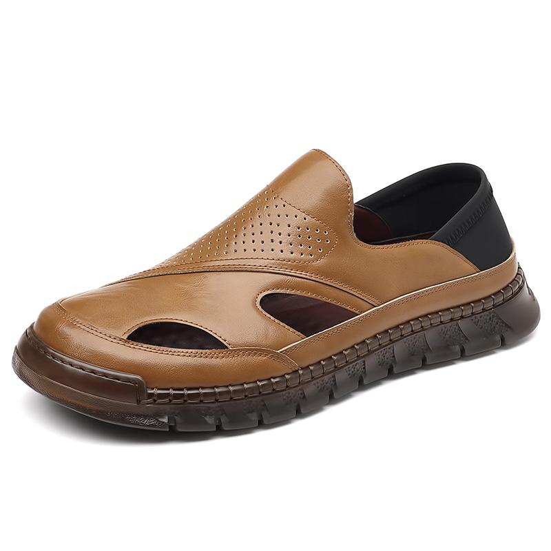 Summer New Men's Comfortable Leather Sandals Solid Color Fashion Casual Soft Sole Hallow Breathable Designer Shoes For Men