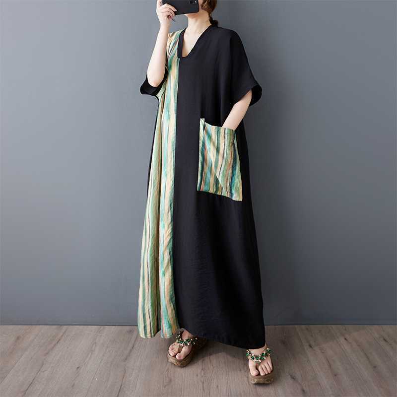 

Summer V-neck Short Sleeved Patchwork Dress for Women one size