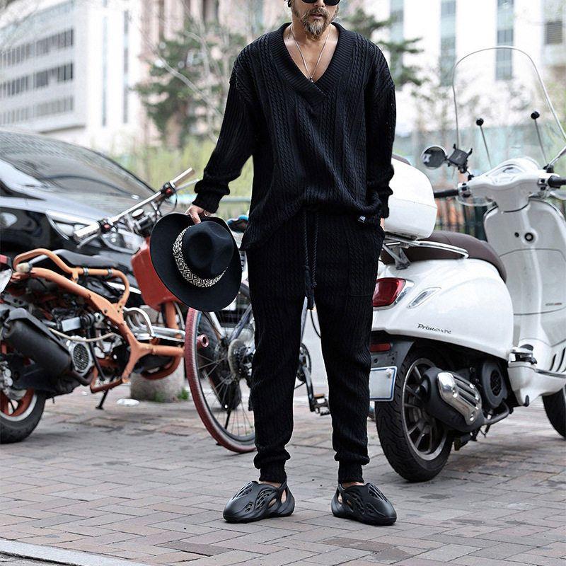 European and American Style Men's Suits 2025 Autumn New Casual Knit Suits Men's Summer Loose Long-Sleeved Tops and Long Pants Men's Clothing