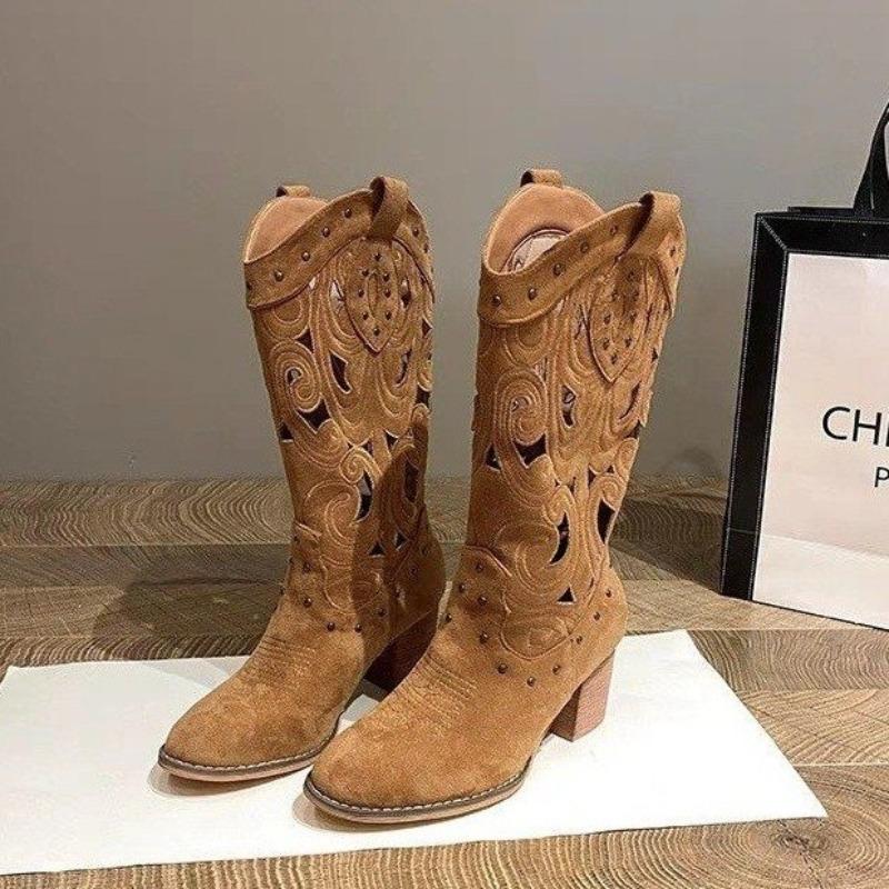 Fashion New Fashion Hollow Embroidered Vintage Western Boots Women Autumn Chunky Heels Knee High Cowboy Boots Woman Leather Knight Boots