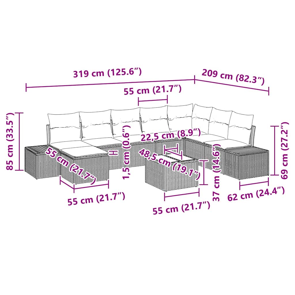 Garden Sofa Set with Cushions 9 Pcs Beige Poly Rattan