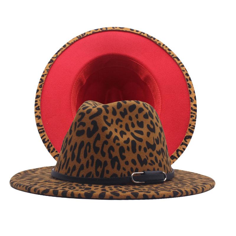 Autumn and winter British style men and women double-sided color matching leopard print woolen jazz hat new fashion belt big eaves hat