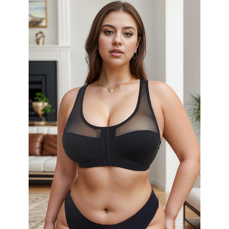 Plus Size Elegant Bra, Women's Contrast Lace Front Closure Scalloped Trim Bralette