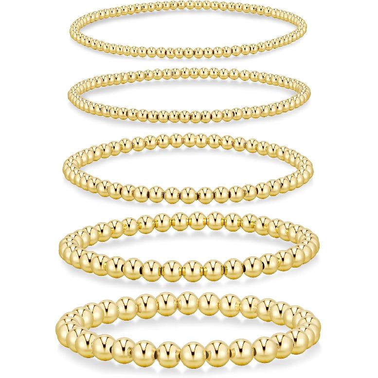 Yoosteel Gold Beaded Bracelets for Women Teen Girls, Gold Plated Jewelry | Gold Stackable Stretch Bracelets, Dainty Round Beaded Pearl Cross Bracelet
