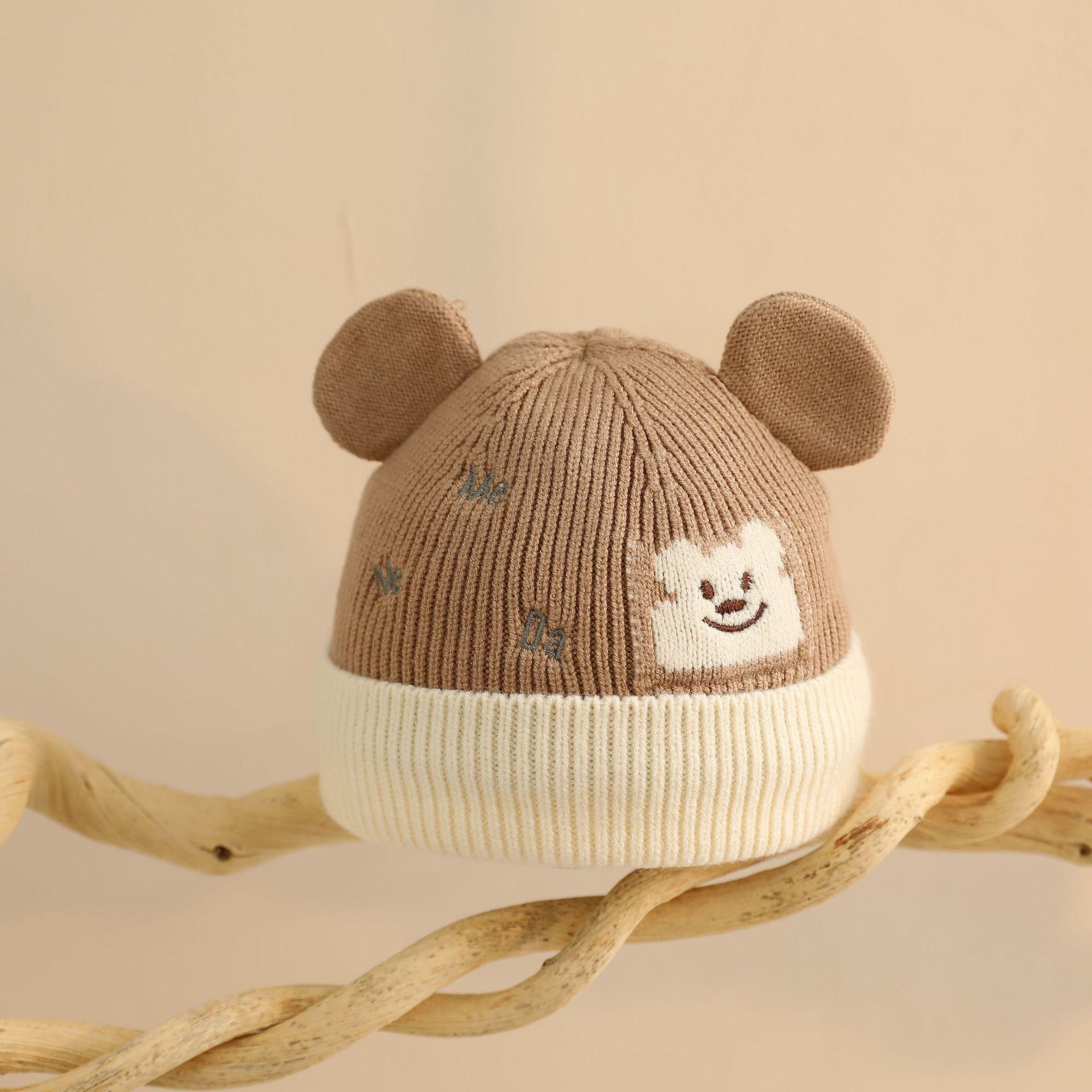 

Детская шапка осень и зима новорожденный младенец мальчик теплая вязаная шапка зимняя девочка и ребенок защита ушей шерстяная шапка Children (6 months to 3 years old) темно-коричневого