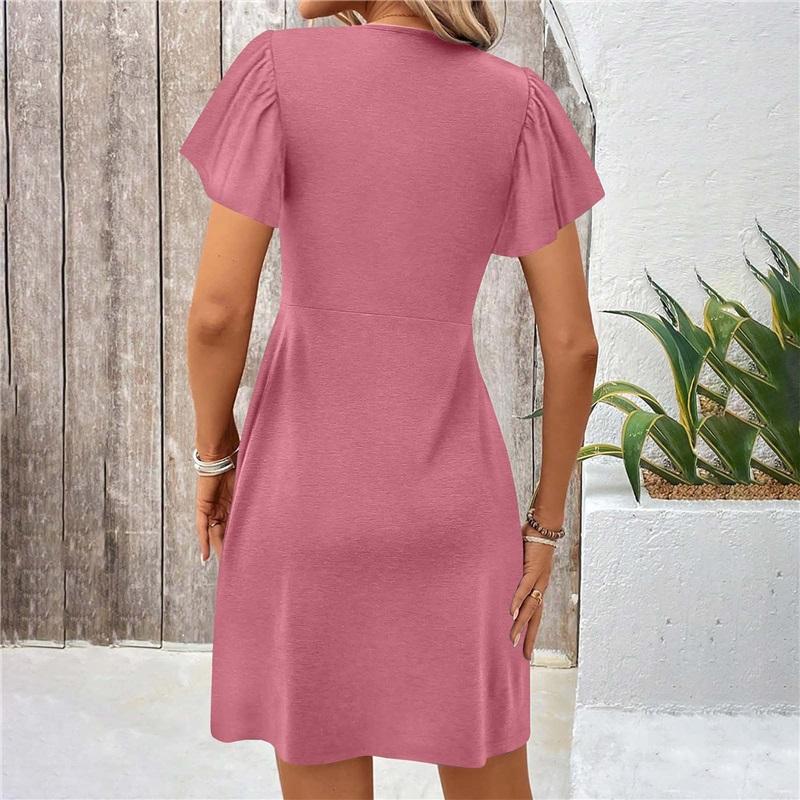 Women's V-Neck Twist Front Short Sleeve Dress Casual Loose Fit Mini Dress Elegant Party Dress
