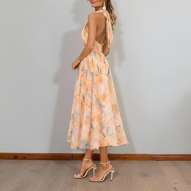 1116 Women's Clothing Summer New, European and American Women's Clothing, Elegant Temperament Printed Neck-hanging Waist Backless Dress