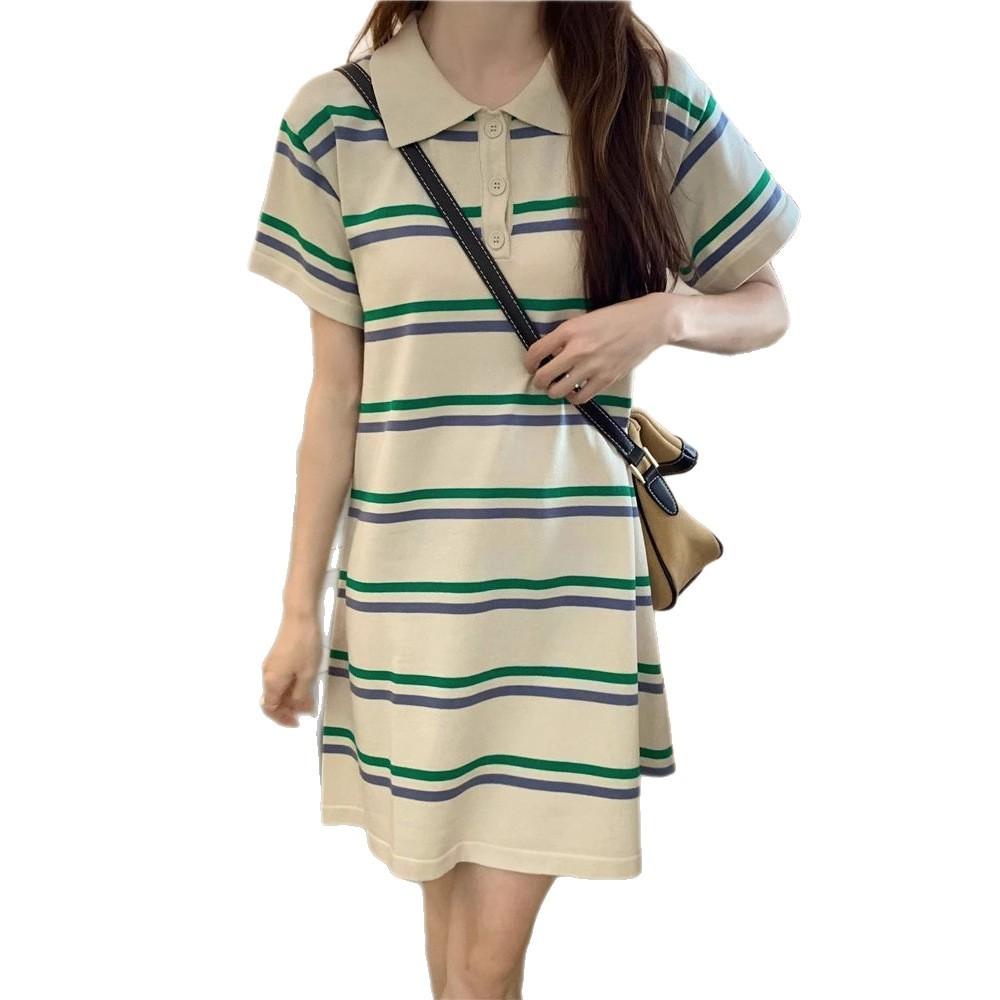 Champion rainbow polo collar loose striped knitted skirt women's summer 2026 new Korean age-reducing short-sleeved dress