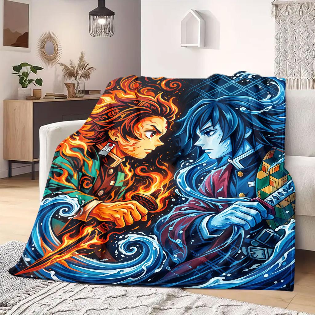 Demon Slayer Chic Cartoon Flannel Blanket, Printed Graphics for Sofa and Bed, Warm Bedding for Chairs and Travel_LIAN