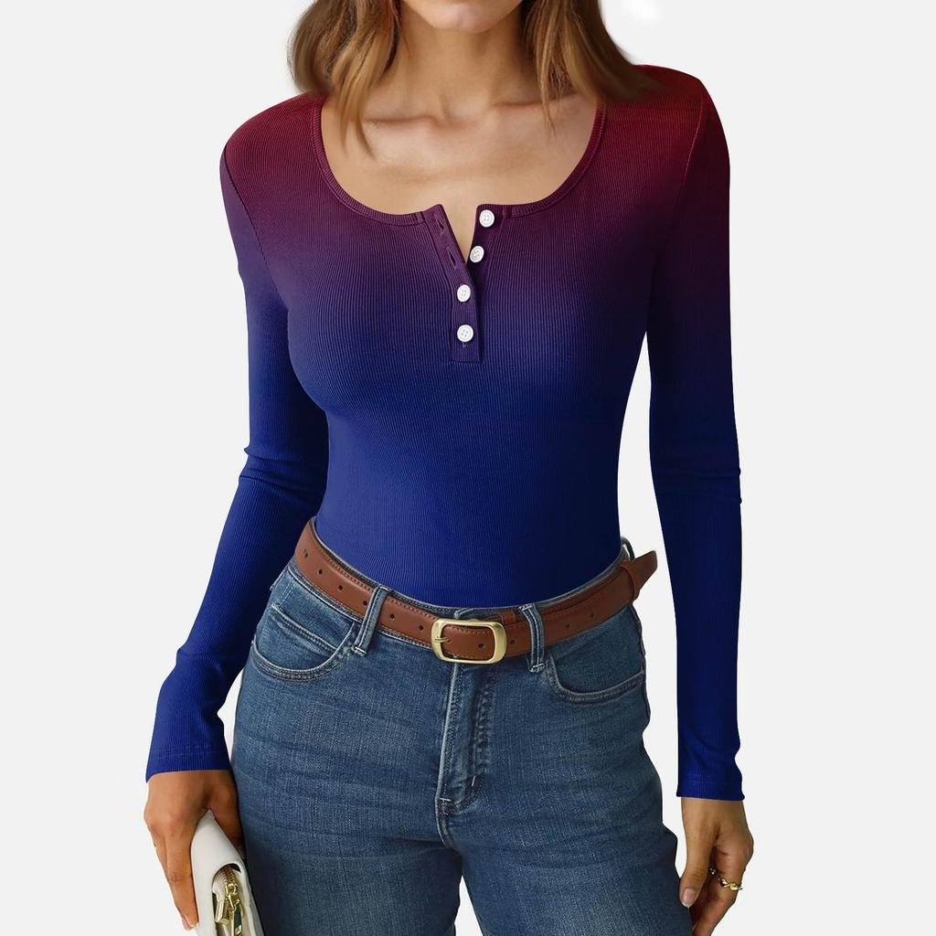 Dámské tričko s úzkým spodním lemem Módní ležérní s gradientním potiskem Kulatý výstřih Pulovr Dlouhý rukáv Top