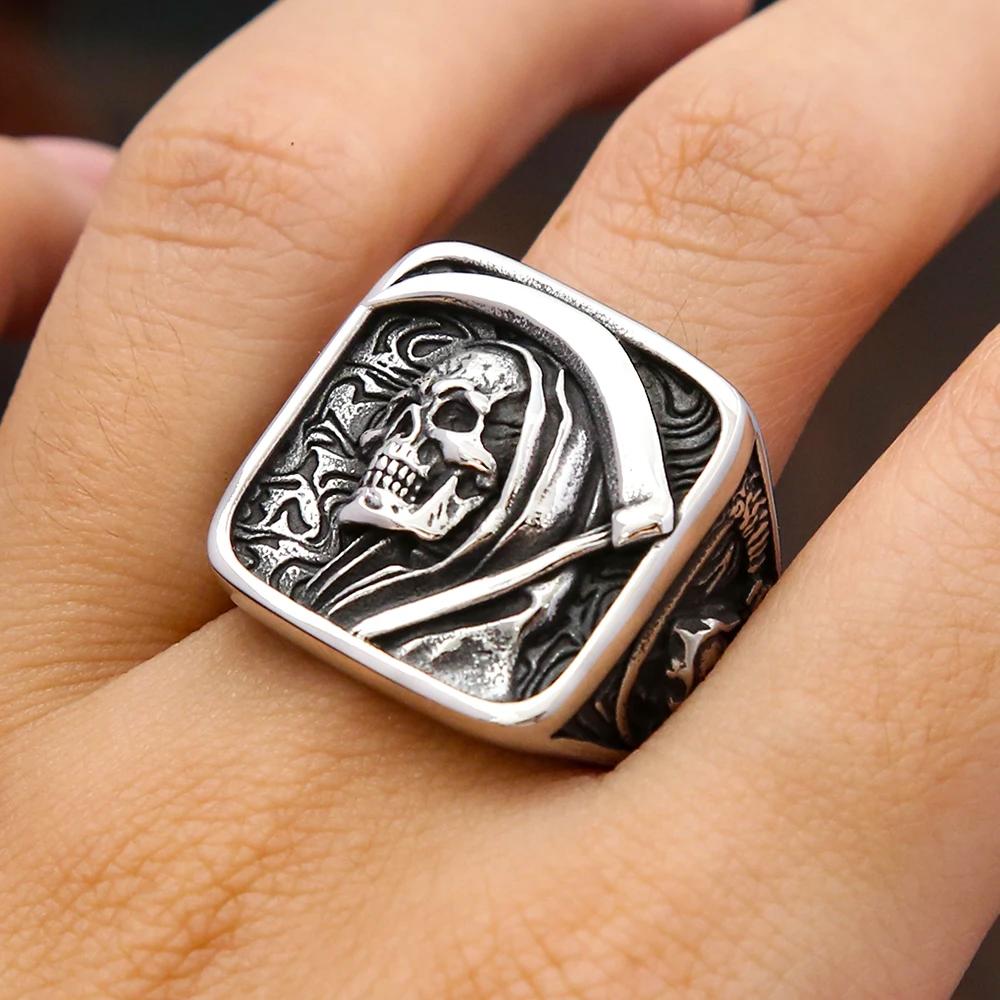 Gothic Vintage Todes Sichel Totenkopf Ring für Herren 316L Edelstahl Hip Hop Biker Skelett Ringe Punk Party Schmuck Großhandel