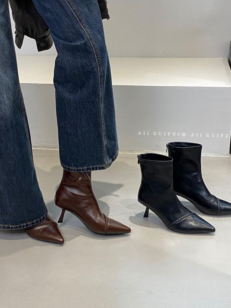 Pointed high-heeled thin short boots autumn temperament short boots woven with rear zipper short boots