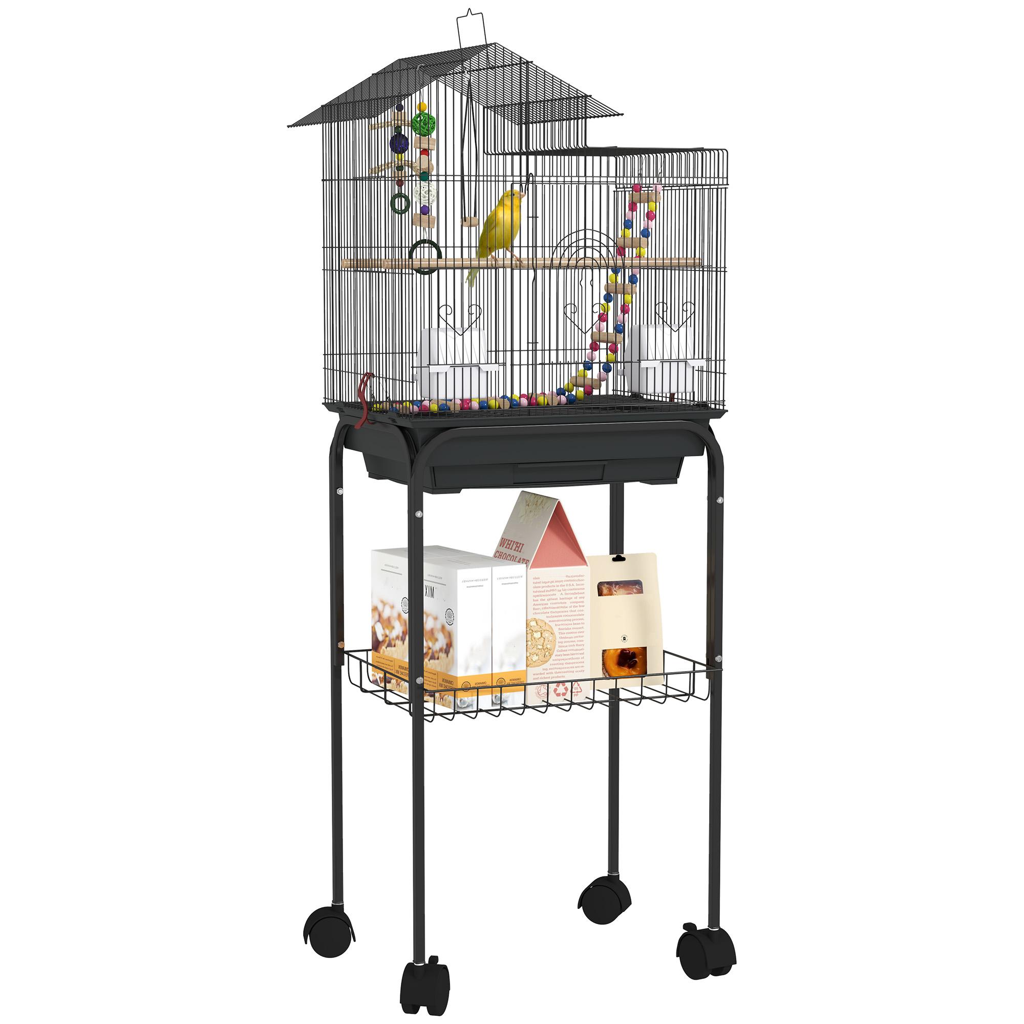 Ptačí klec na kolečkách 46 x 36 x 120 cm 2 krmítka 2 bidýlka polička klec pro andulku korelu konuru astrilda kanárka 46 x 36 x 120 cm