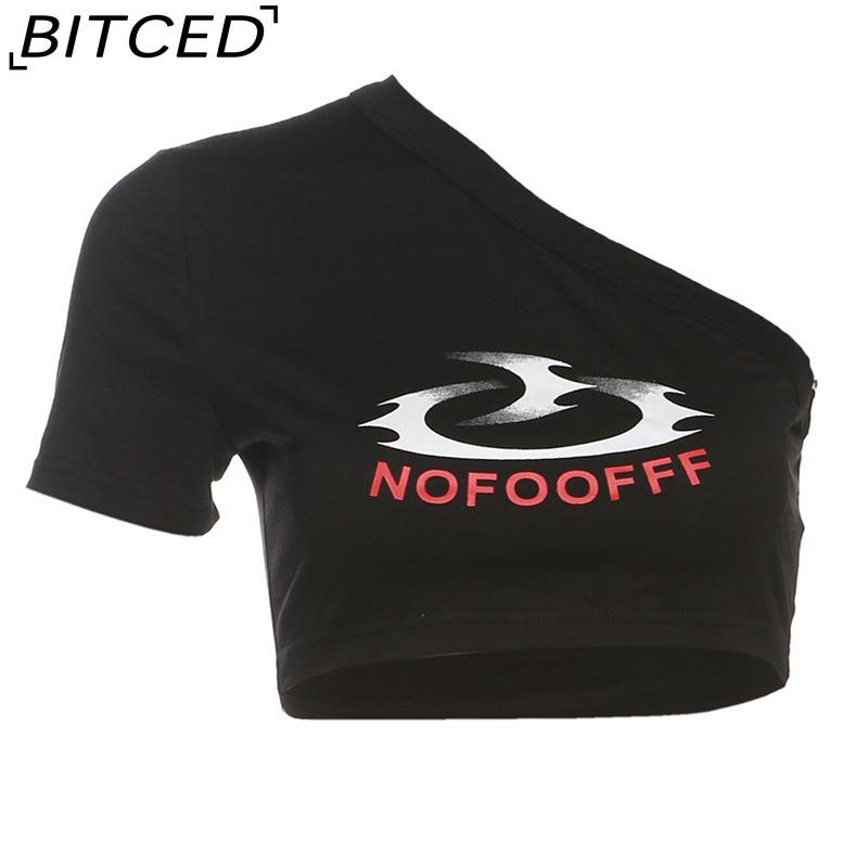 

BITCED Spring Women s Solid-Color Slim-Fit Streetwear Printed One-Shoulder Short-Sleeve Top L чорний