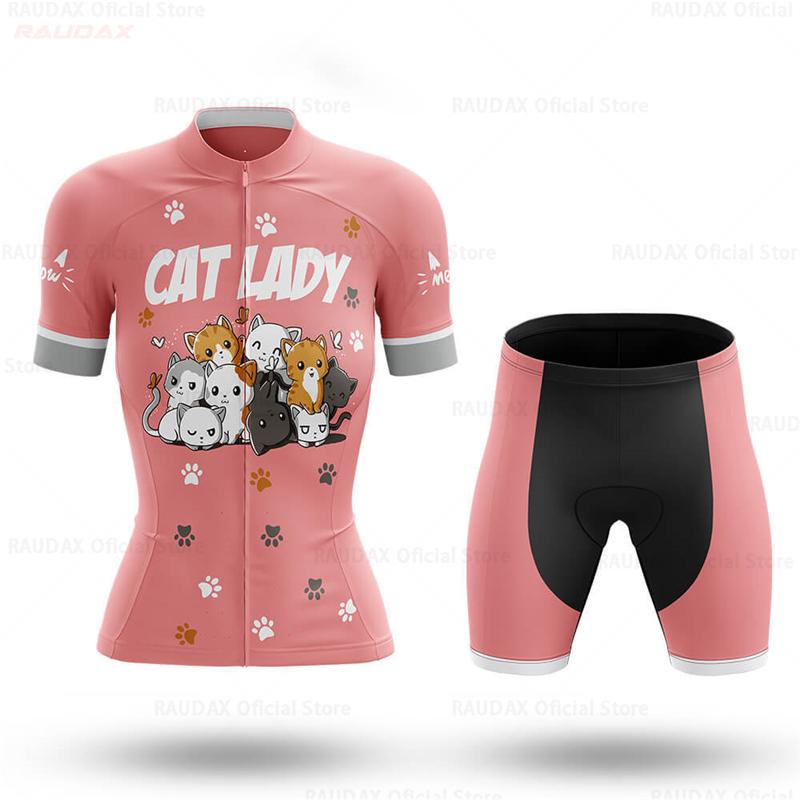 Women's Cycling Jersey Set Pink Cartoon Cat Summer Short Sleeve Breathable MTB Bike Cycling Clothing Maillot Ropa Ciclismo Mujer
