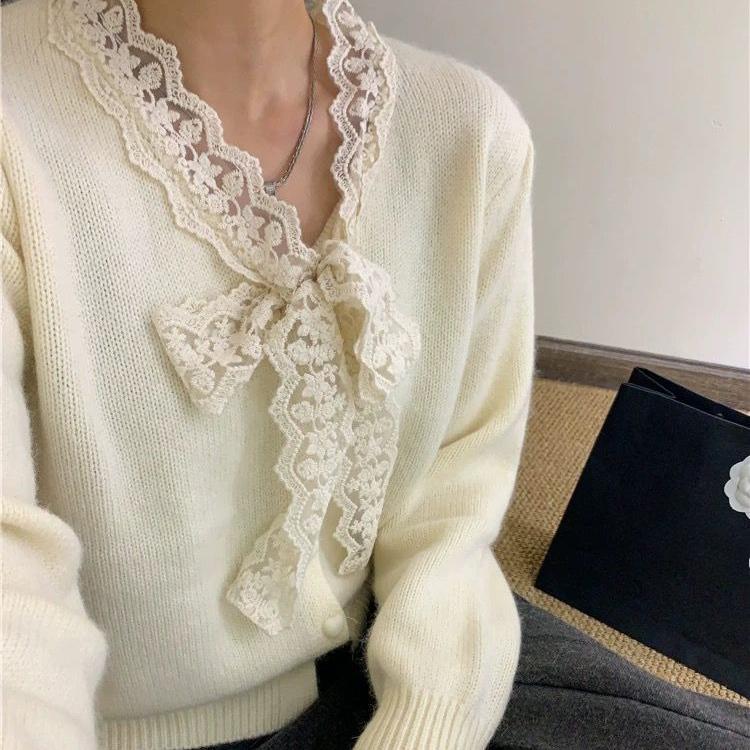 Lace and Pearl Cardigan Women's Bow Knitted Cardigan Loose Sweater for Autumn and Winter Long-sleeved Top Coat