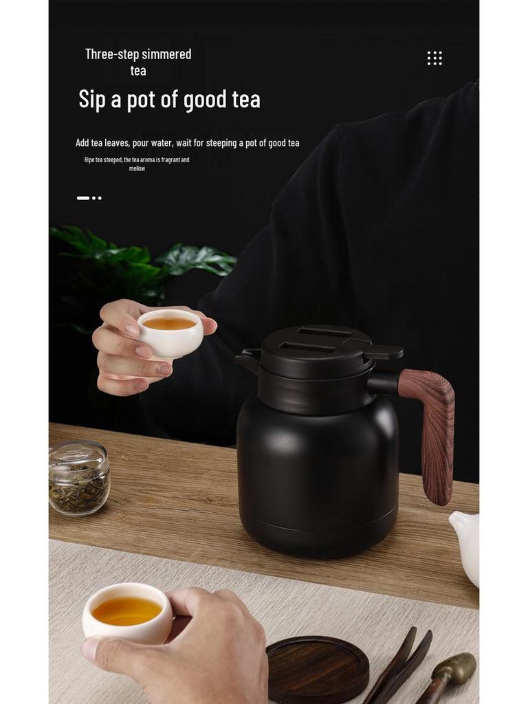 Large Capacity 304 Stainless Steel Insulated Teapot with Wood Grain Handle for Home and Office.