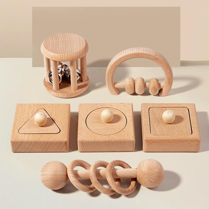 Educational Toys For Infants And Young Children Baby Early Education Beech Gnawing Soothing Wooden Unpainted Rattle Set