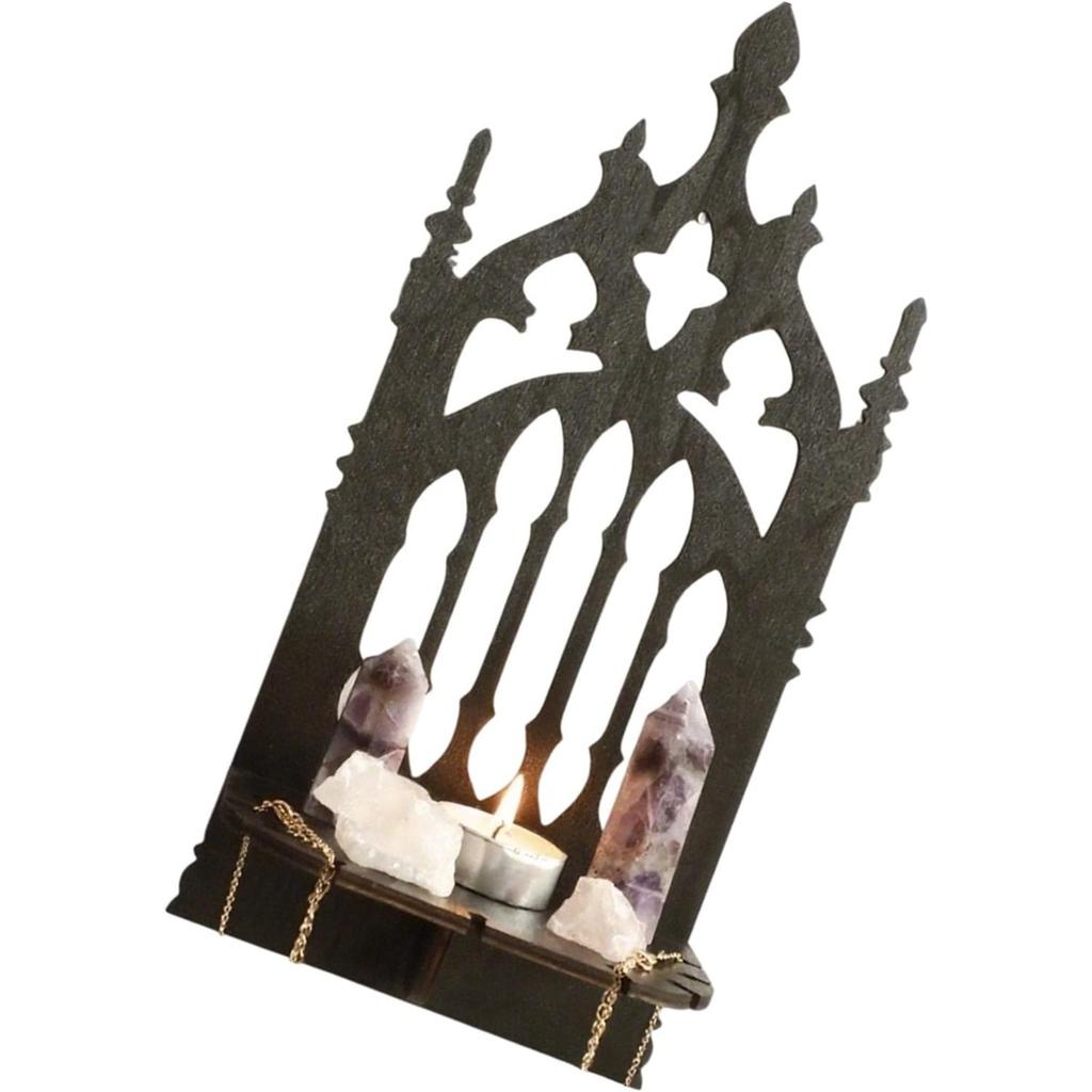 Medieval Throne Shape Wall Shelf Black Wooden Carving Hollowout Decorative Crystal Holders Display Floating Organizers Black Carving Wooden Shelf