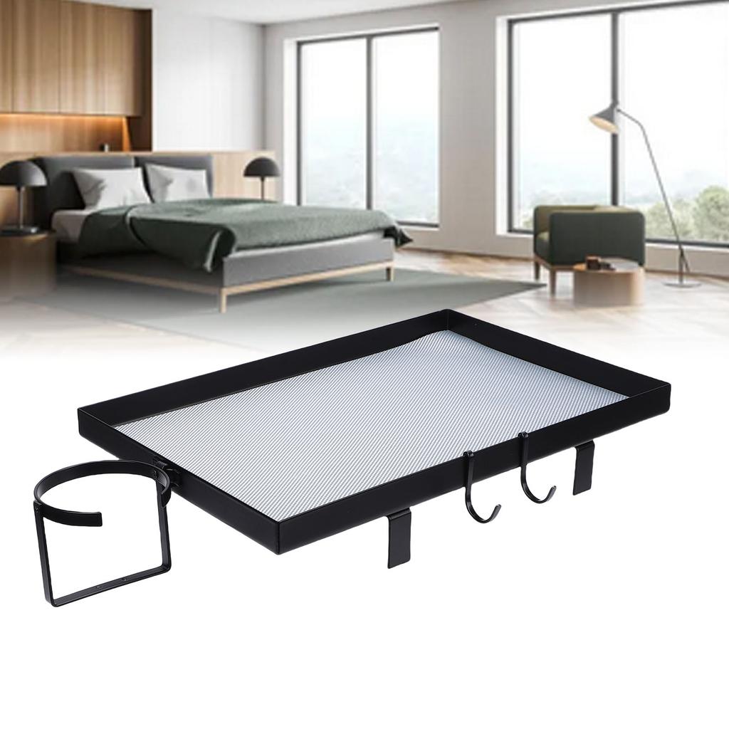 Bedside Shelf with Cup Holder Carbon Steel Bunk Bed Tray Clip On Nightstand with Hooks for College Dorm Room Table Storage