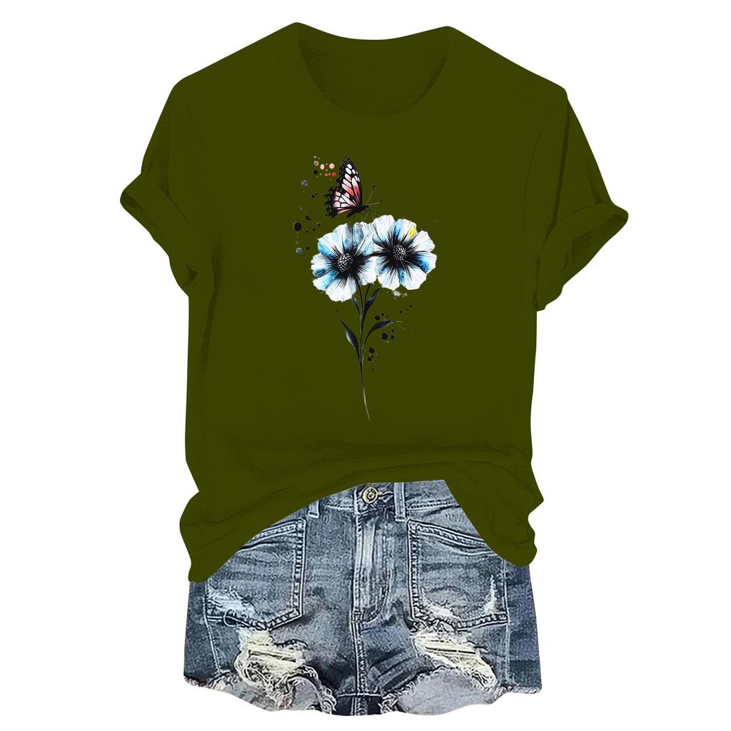 Damska Moda Drukowana Casualowa Plisowana Koszulka Top z Krótkim Rękawem i Okrągłym Dekoltem