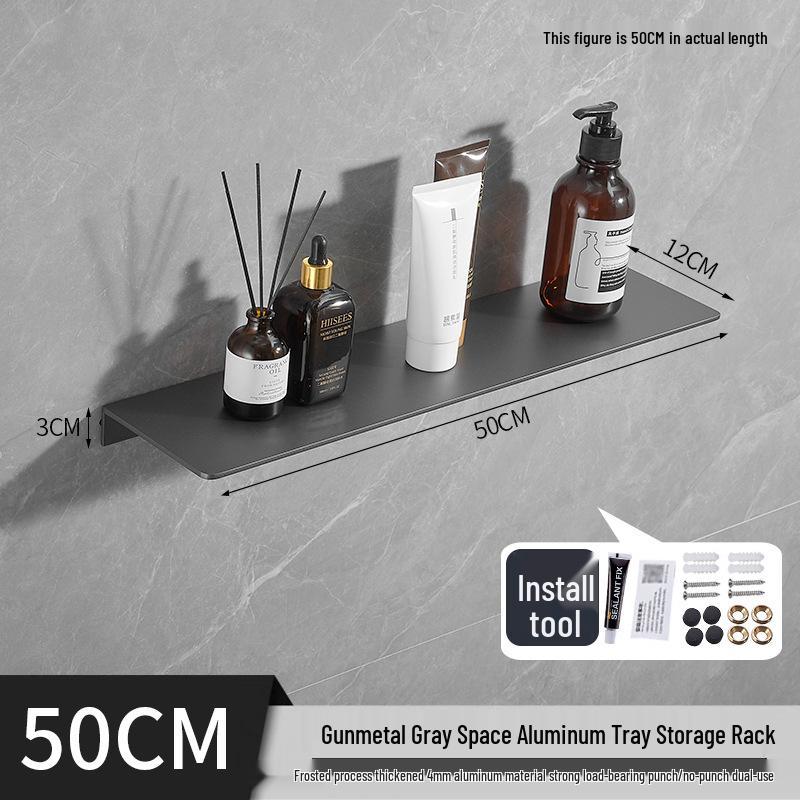 Gunmetal Gray Wall-Mounted Bathroom Storage Rack - Double Layer, No-Drill Shelves