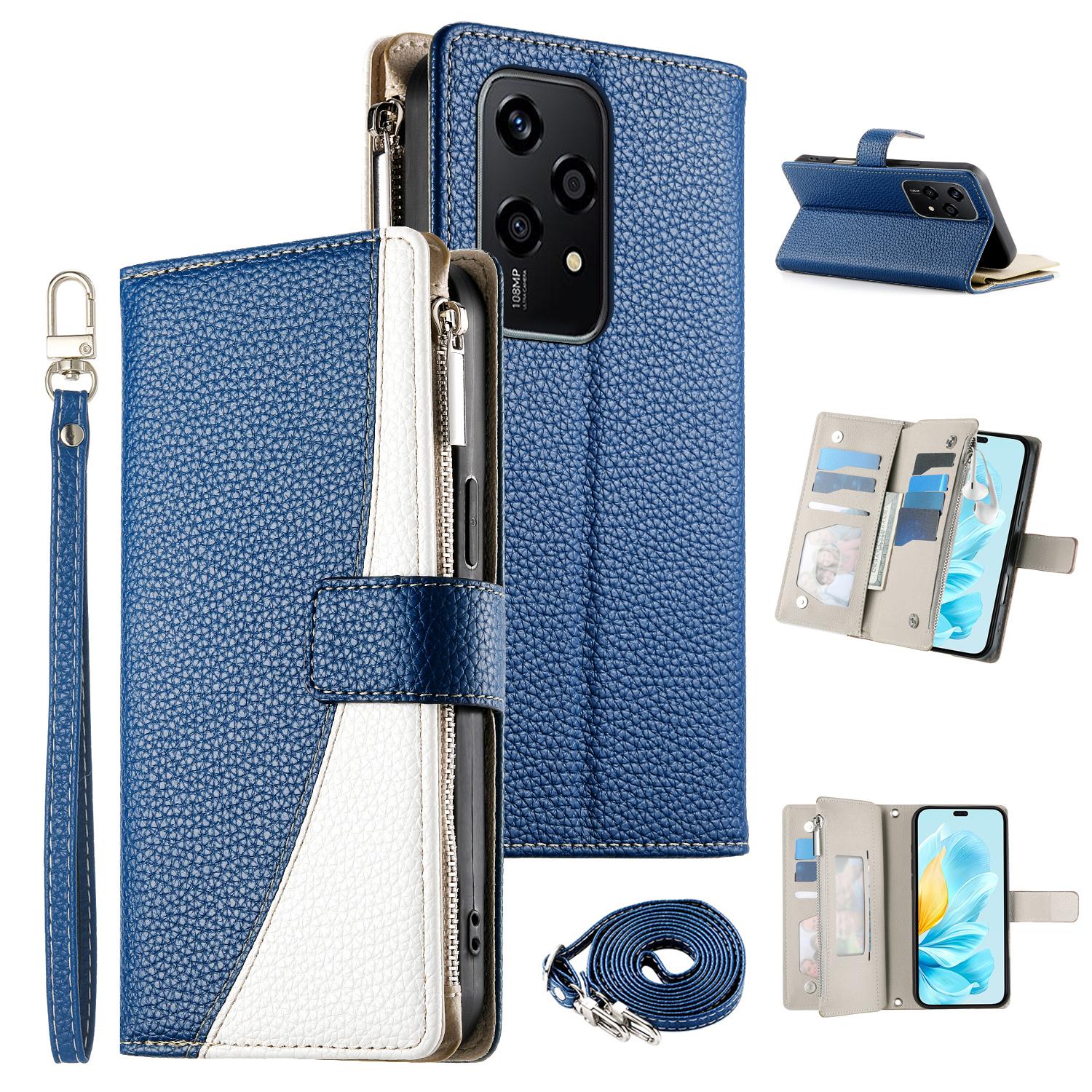 

For Honor 200 Lite Case Zipper Wallet Color Splicing Leather Flip Phone Cover with Straps Dark Blue