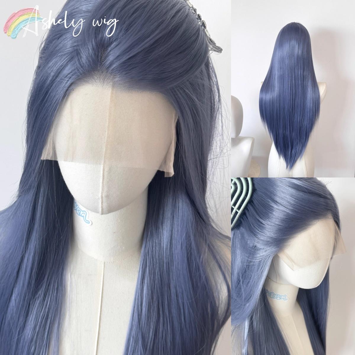 

NEW Cabbage Grayish Blue and Purple Lace Front Wig for Women 13x4 HD Lace Long Straight Cosplay Wigs Natural Synthetic Lace Wigs (as the picture,150%&1pc)