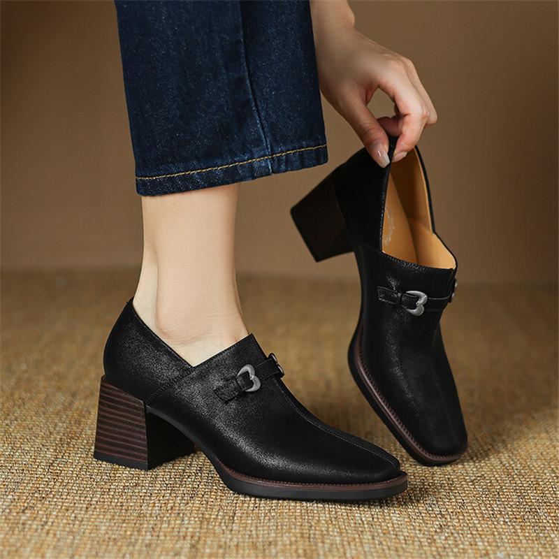 Fashion New Autumn Genuine Leather Women Shoes Fashion Square Toe Shoes for Women Thick Heel Loafers High Heel Women Pumps Zapatos Mujer