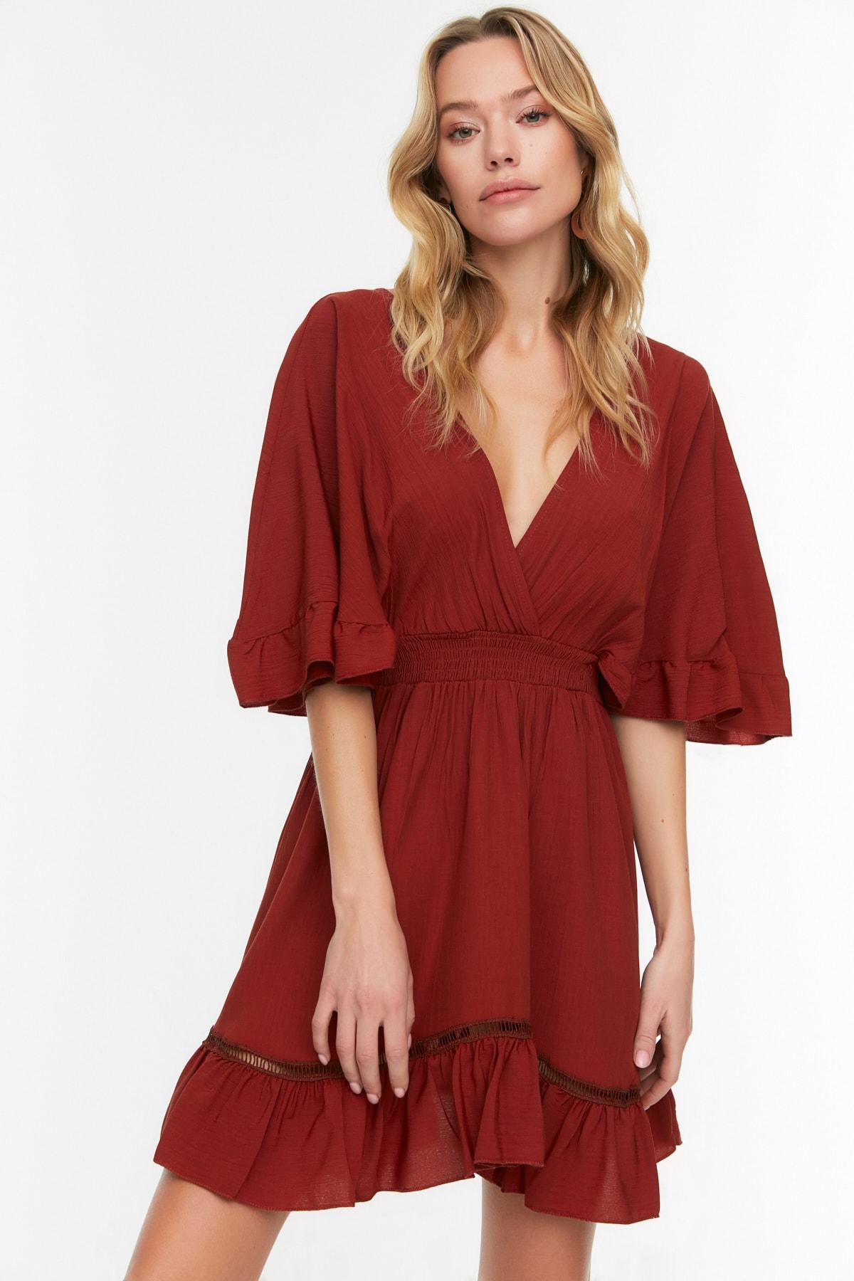 

Пляжное платье с воланами цвета корицы TBESS22EL0047..