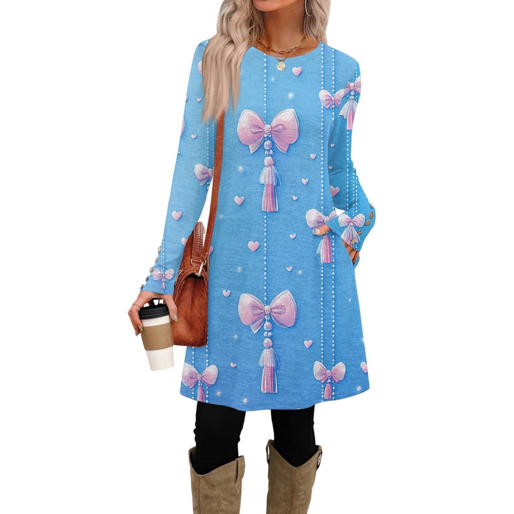 Women's Fashion Casual Pocket Decorative Button Dress Round Neck Long Sleeve Printed Dress