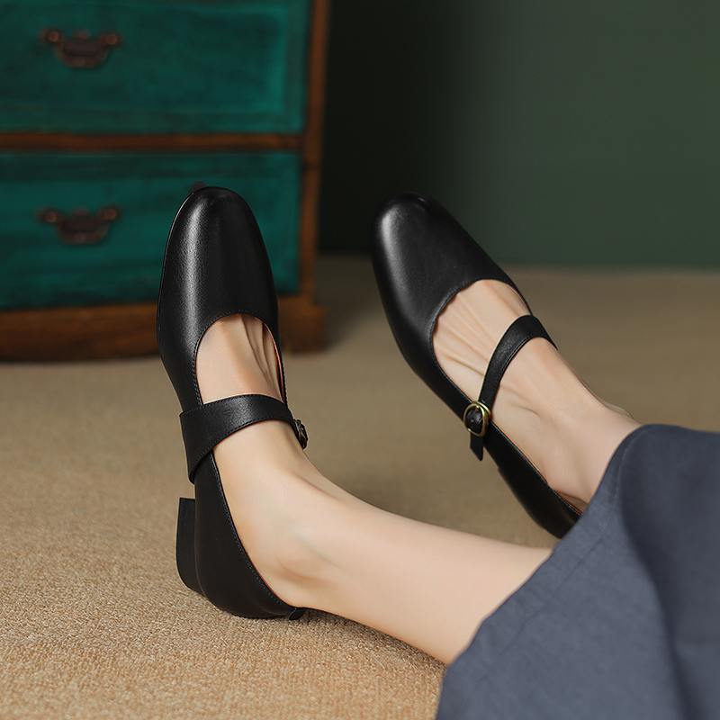 Hovězí kůže s kulatou špičkou tlusté střední podpatky podzimní boty Mary Janes pevné dámské lodičky
